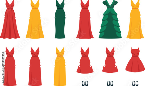 Women Summer Dress Vector Set with Elegant Casual and Party Dresses in Red, Yellow, and Green for Fashion Design and Apparel Illustrations