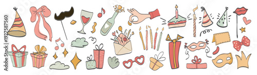 Collection of hand-drawn celebration birthday party icons including gifts, candles, hats, masks and presents on white background.