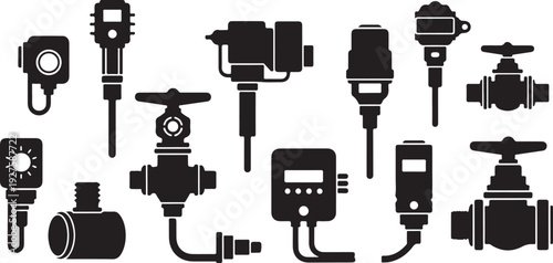 Industrial Valve and Pipe System Icons in Black Color