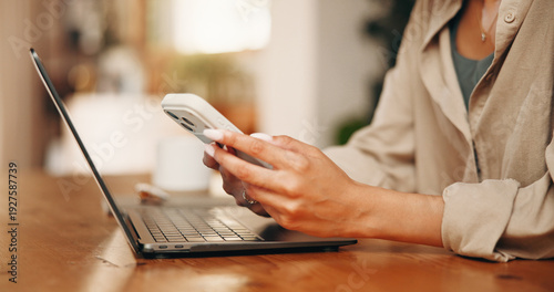 Laptop, phone or hands of woman with remote work, two step verification or check email for password. System credentials, tech or freelancer with login details for online access, cybersecurity or home