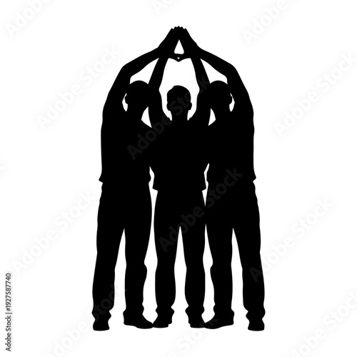 Three men forming an archway with their arms.