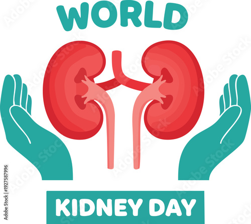 World kidney day concept with illustration of human kidneys held by hands and text