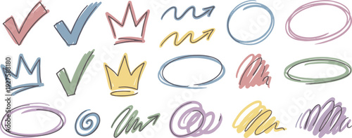 Crayon drawn doodle shapes, check marks, crown and arrows collection. Hand drawn oval shapes and scribble crayon. Punk girly style vector doodle icons set. Graphic elements for notes.