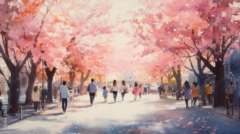 Obraz premium Watercolor of People in city with Cherry blossom blooming flower,Sakura tree or forest side view,Cherry tree spring flower background,elements for environment and garden,botanical in spring season.