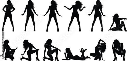 Sexy woman silhouettes collection, dancing and posing female figures set isolated black vector illustration on white background