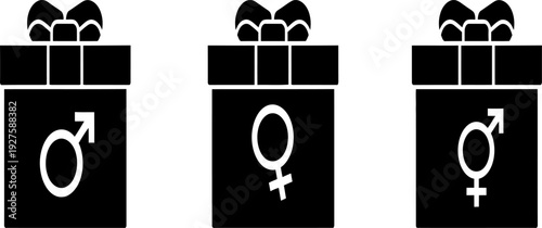 Black and white illustration of three matchboxes with gender symbols