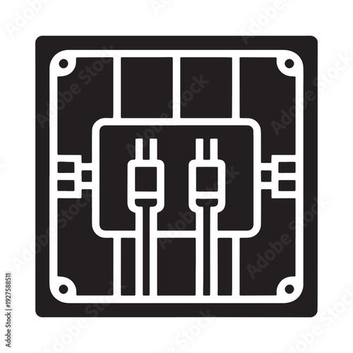 A minimalist black and white illustration depicting a microchip or integrated circuit with connection points high quality