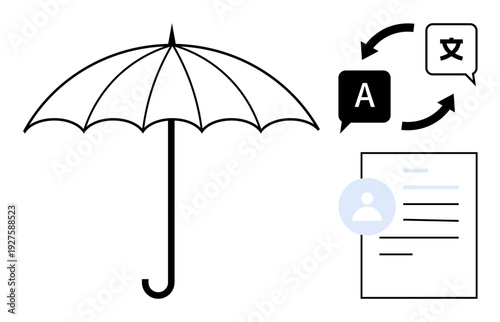Language services, business documents, user identity, data security, multilingual content, cultural exchange. Umbrella, translation icons and profile document . Services and business documents