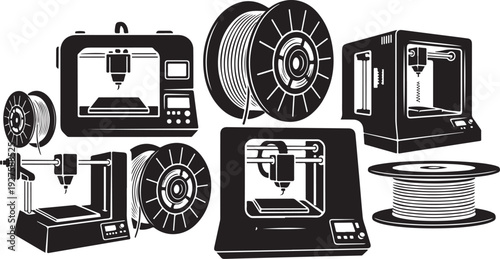 3D printing technology and equipment illustration set in black