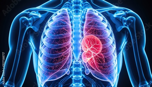 Glowing blue human torso with lungs highlighted in red and pink