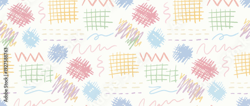 Pastel colored doodle seamless pattern set. Crayon doodle cross hatch, grid, horizontal thin lines and wavy strokes seamless pattern. Childish funky crayon scribble wallpaper and wrapping paper. 
