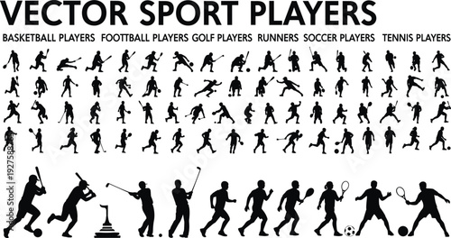 Vector sport players silhouettes set, basketball football golf tennis soccer runners collection, isolated black athletes icons illustration bundle