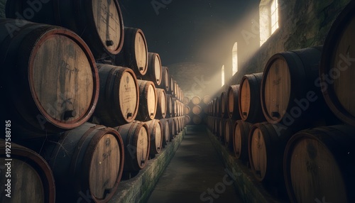 Cinematic interior of an ancient underground wine cellar with stacked wooden barrels and atmospheric volumetric light rays