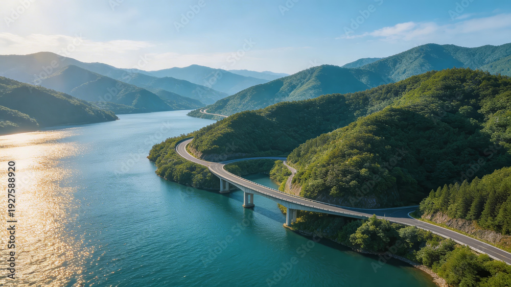 Fototapeta premium Aerial view of a scenic curved highway bridge over a blue lake, surrounded by lush green mountains under a clear sky. Highlights nature, transport infrastructure, and serene landscape.