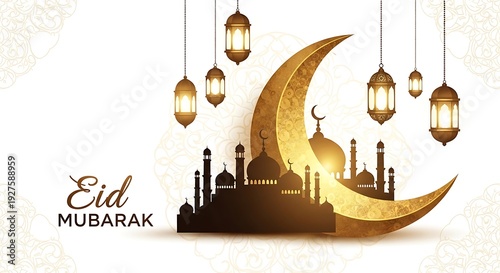 Eid mubarak greeting card with crescent moon and lanterns