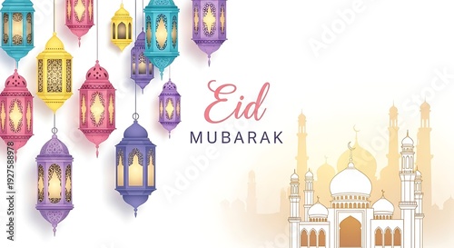 Eid mubarak greeting card with colorful lanterns and mosque