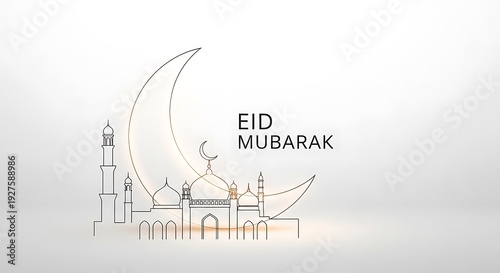 Eid mubarak greeting card with mosque and crescent moon design