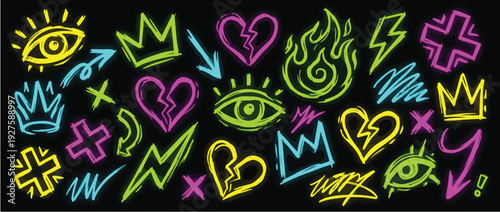 Neon colored y2k punk sticker collection. Crayon drawn rock and roll icons, punk text stickers. Marker scribbly rock grunge doodles for scrapbook, collage and zine design. Fire, lightning and hearts.