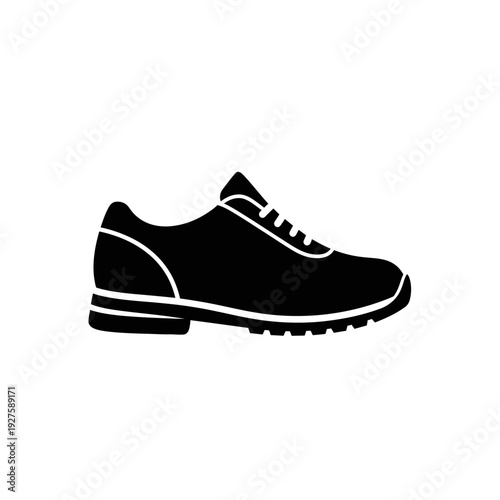 Black athletic shoe with white trim.