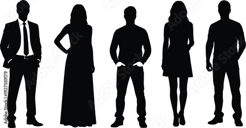Diverse business people silhouettes standing together, men women in suits dresses long gown casual shirts, various confident poses, black vector figures.