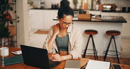 Εκτύπωση καμβά Woman, discomfort and neck pain with laptop at house with bad posture, burnout and mortgage pressure