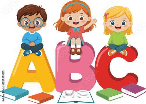 Kids Learning Alphabet Illustration with Children Sitting on ABC Letters and Reading Books for Early Education, Preschool, Literacy, and Fun Learning Design
