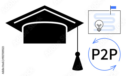 Peer-to-peer learning. Graduation cap education with a P2P loop and lightbulb for knowledge sharing. Peer-to-peer learning highlighting collaboration and technology. For education, knowledge