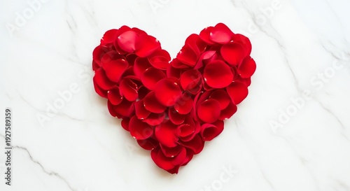 Heart Shape Made of Red Rose Petals on a White Marble Background.