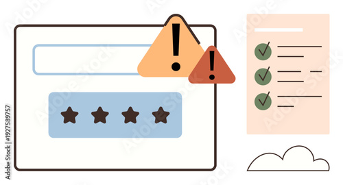 Cybersecurity, user authentication, quality control, online evaluation, risk management, verification process. Web interface with stars, warning signs checklist and cloud. Cybersecurity and user