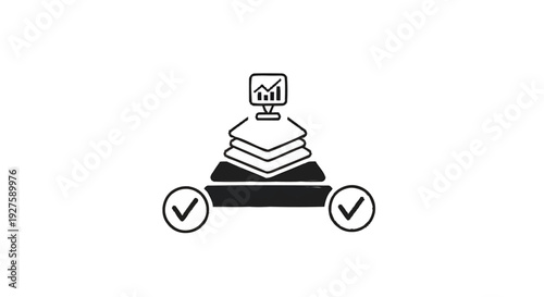 Data analysis and workflow optimization with stacked layers and checkmarks.