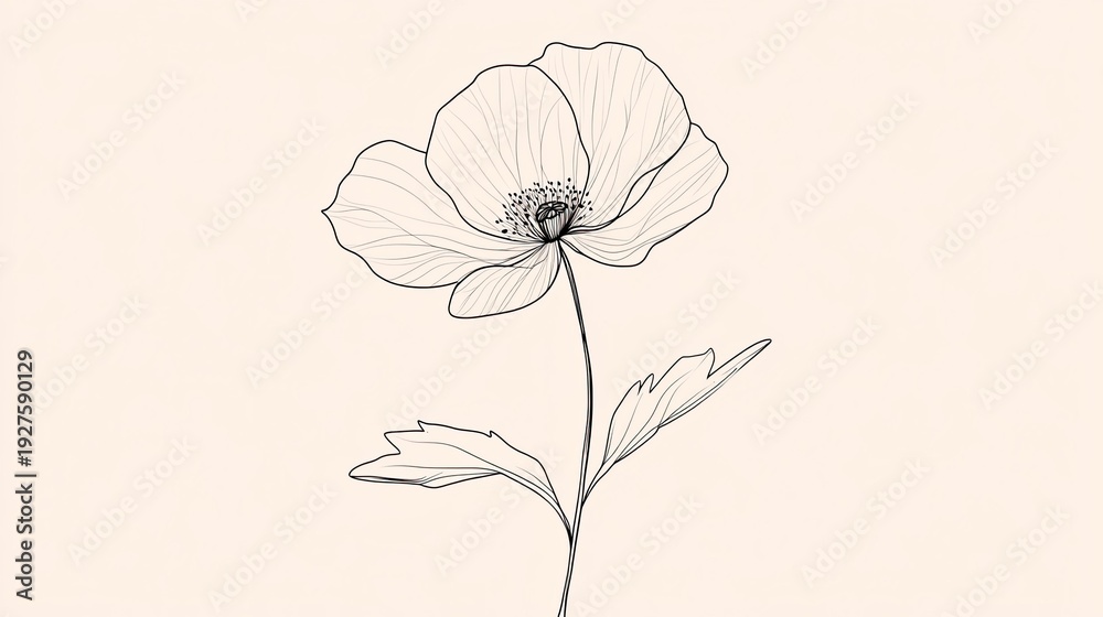 Fototapeta premium A minimalist line drawing of a single flower with a long stem, one large bloom, and two leaves