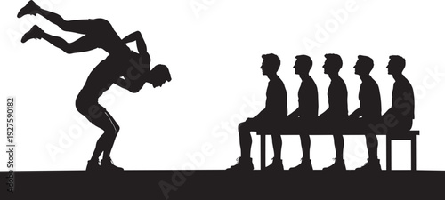 Acrobatic dance lift silhouette sequence, male performers sitting on bench and dynamic movement illustration