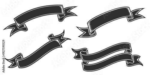 Four black and white decorative ribbon banners with star accents Vector