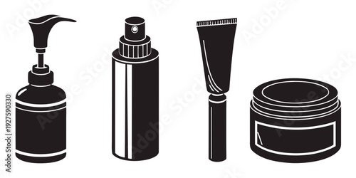 Assorted hair styling products including sprays, gels, and creams in black and white Vector