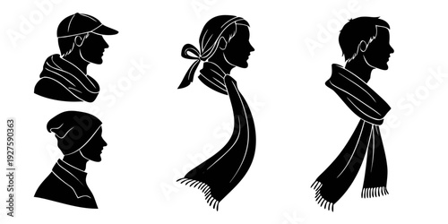 Five distinct silhouettes of women showcasing various hairstyles and headwear Vector