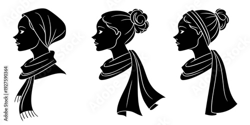 Three distinct black and white silhouettes of women with various hairstyles and head coverings Vector