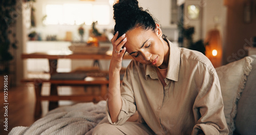 Canvastavla Couch, headache and woman in home with pain, stress and bankruptcy with debt in living room