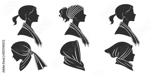 Five distinct silhouettes of women showcasing various historical hairstyles and headwear Vector