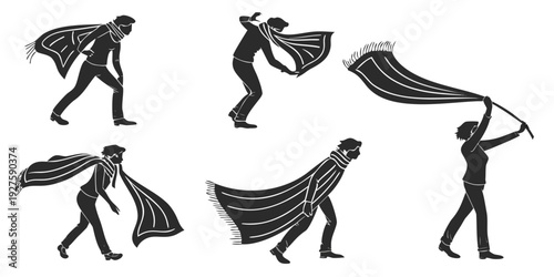 Silhouettes of people in various stages of flight with capes Vector