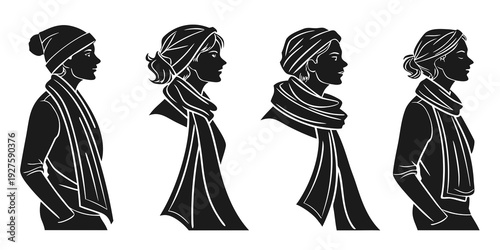 Four distinct hairstyles showcasing different hair accessories and lengths. Vector