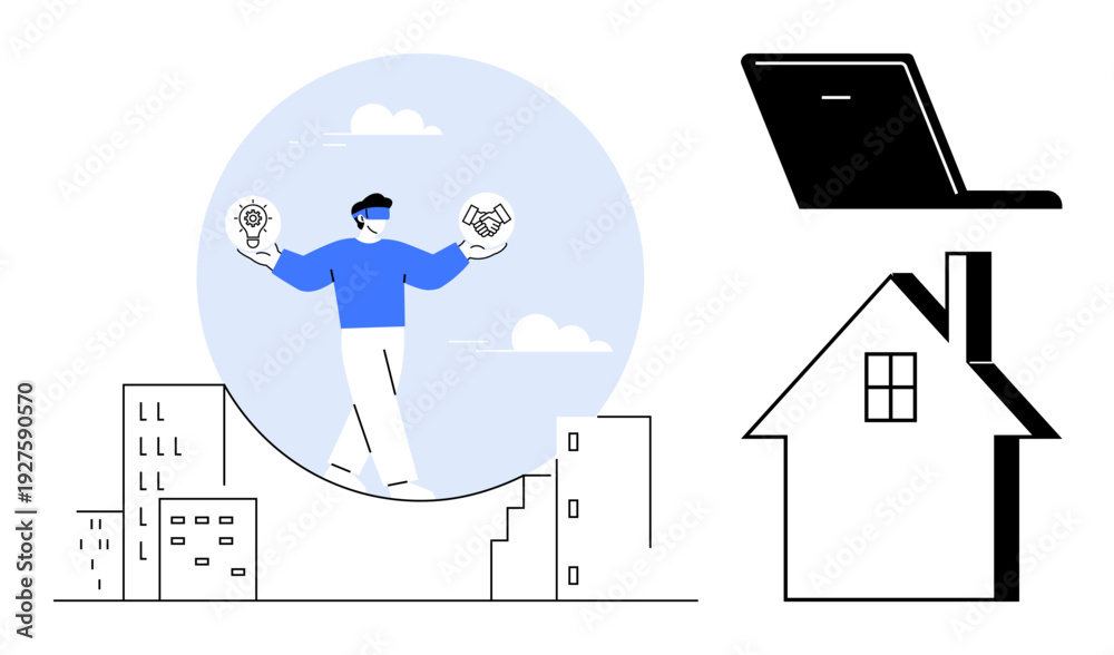 Obraz premium Remote work, hybrid careers, business solutions, modern workplaces, lifestyle balance, online collaboration. Man balancing gears and handshake icons, laptop and home. Remote work and hybrid careers