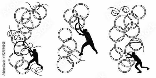 Three figures engaged in a dynamic activity with long hair and flowing garments. Vector