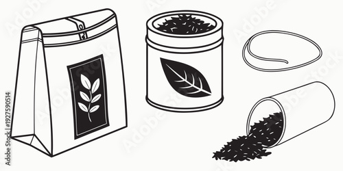 Assorted tea products including loose tea, tea bags, and a tea infuser. Vector