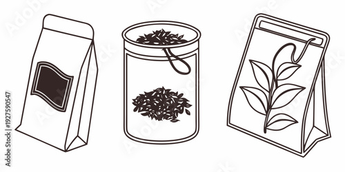 Three distinct packets of tea showcasing different types of tea leaves Vector