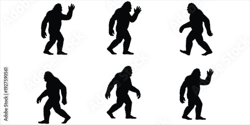 Six Silhouettes of Bigfoot or Sasquatch in Various Poses yeti black and white