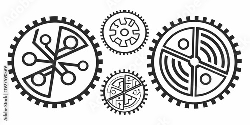 Intricate mechanical gears and symbols representing various mechanical and engineering concepts. Vector