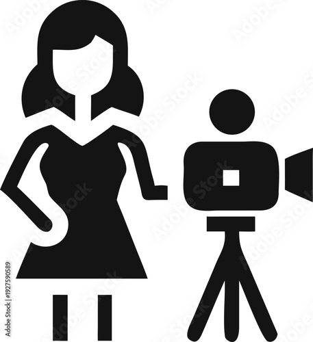 Elegant Woman Posing Next to a Professional Video Camera on Tripod for Filming Projects