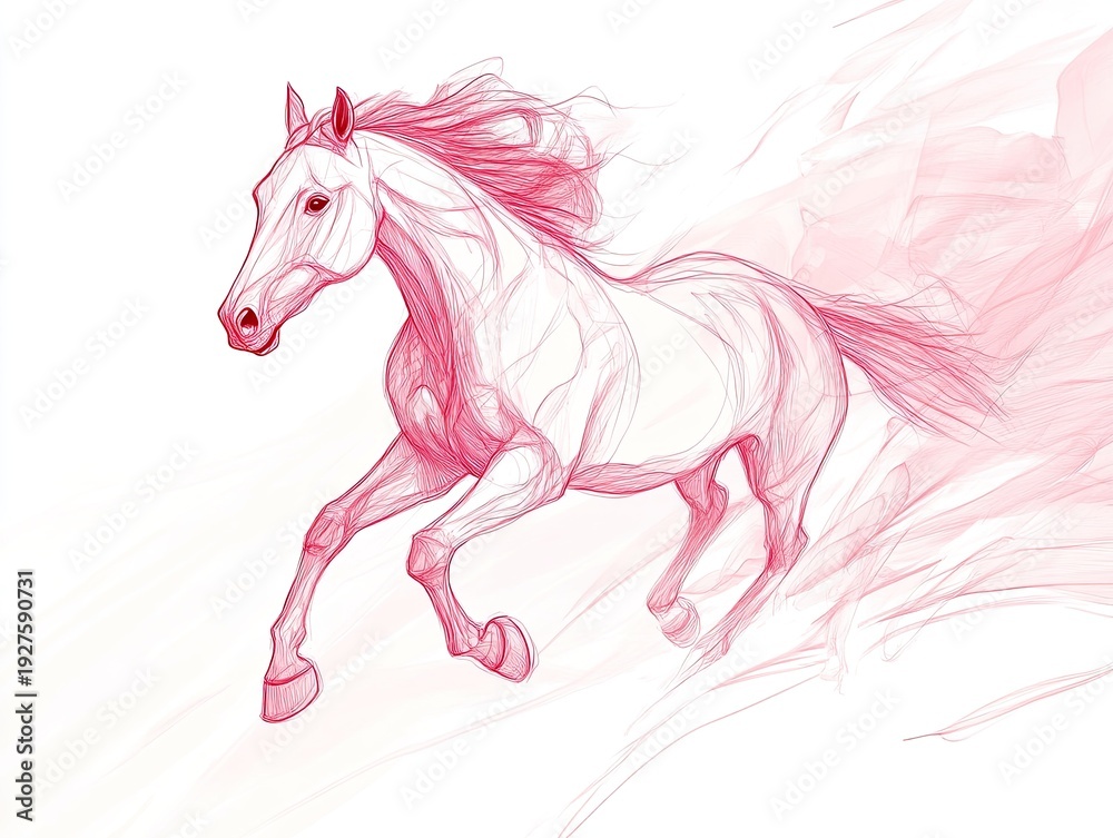 Fototapeta premium Dynamic sketch of a horse galloping with flowing mane and tail in soft pink and white lines on a light background with abstract strokes