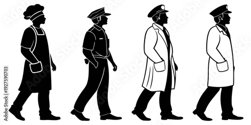 Four individuals walking in a line, showcasing different styles and attire. Vector