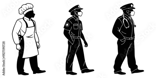 Three individuals in different uniforms standing in a line. Vector